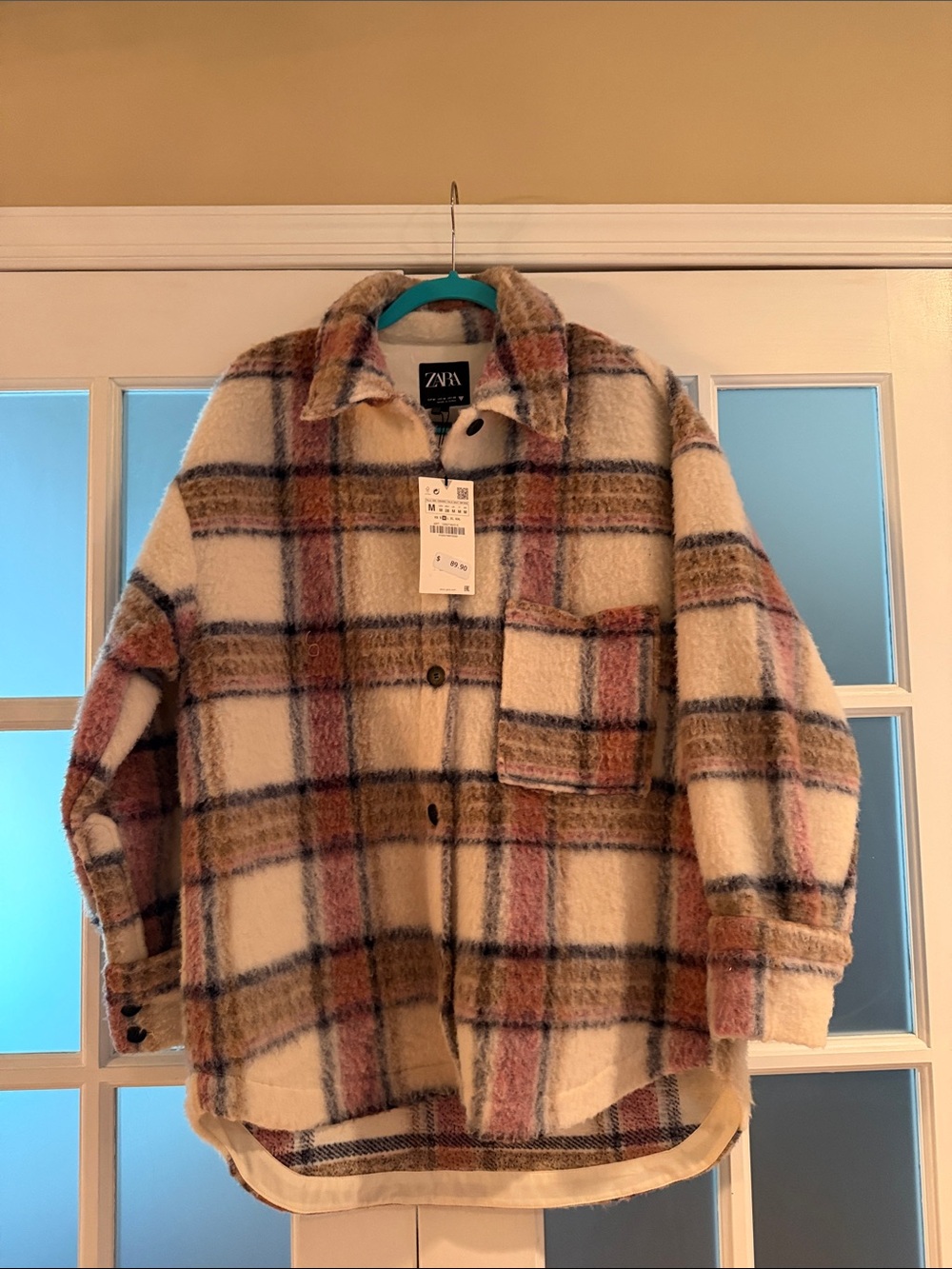 Zara Cream Plaid Shacket with Tan ,Pink & Brown Accents